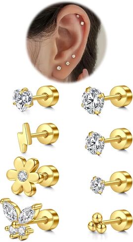 Silver Gold Cartilage Earring Flat Back Earrings Flat Back Stud Earrings Flatback Stud Earrings Helix Tragus Earrings Screw Back Earrings for Women Earrings for Cartilage jewelry in Saudi Arabia