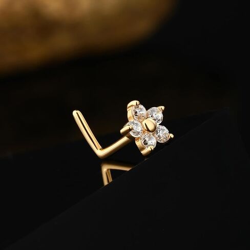 S925 Sterling Silver Flower Nose Ring for Women Clear Cubic Zirconia L-Shaped Nose Studs Rings Cute Daisy Floral Nostril Nose Piercing Jewelry in Saudi Arabia