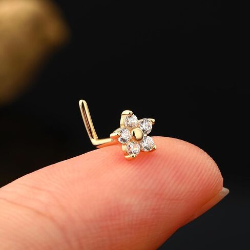 S925 Sterling Silver Flower Nose Ring for Women Clear Cubic Zirconia L-Shaped Nose Studs Rings Cute Daisy Floral Nostril Nose Piercing Jewelry in Saudi Arabia