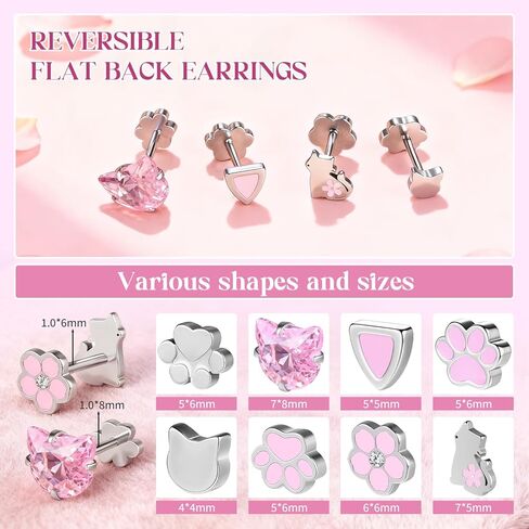 AOEDEJ 18G Reversible Flat Back Earrings for Cartilage Cute Cat Stud Hypoallergenic Surgical Steel Studs Helix Tragus Conch Piercing Jewelry Extended Internally Threaded Flatback Earring in Saudi Arabia
