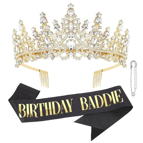 CURASA Silver Birthday Crown Adult Woman & Glitter Black Gothic Black Birthday Baddie Sash Princess Tiara for Party Decorations Celebrations in Saudi Arabia