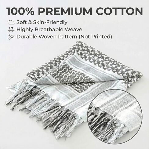 100% Cotton Palestinian Keffiyeh Scarf, Shemagh Tactical Scarf Head Neck Wrap for Men and Women in Saudi Arabia