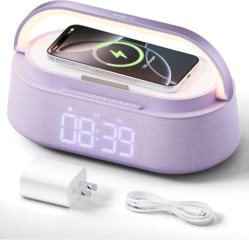 مكبر صوت بلوتوث مع شاحن لاسلكي، ساعة، إضاءة ليلية خافتة، راديو FM، حامل هاتف، شحن لاسلكي سريع لأجهزة iPhone Airpods، ساعات منبه لغرف النوم، ديكور المنزل، المكتب، هدية in Kuwait