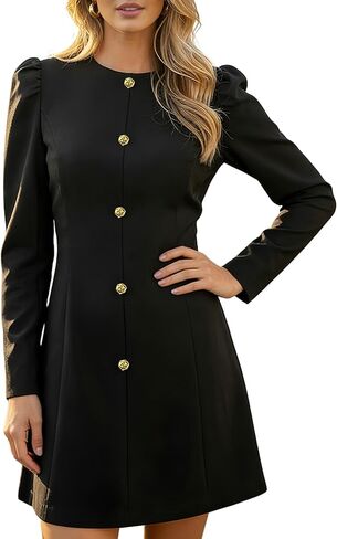 Women's Lantern Long Sleeve Mini Dress Elegant Button Decor Crew Neck Bodycon A-Line Formal Short Dresses in Kuwait