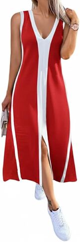CHICME Women's Sleeveless V Neck Color Block Dress with Slit Casual Summer Midi Dresses in Saudi Arabia