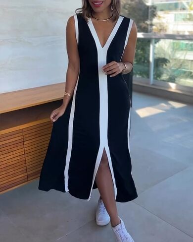 CHICME Women's Sleeveless V Neck Color Block Dress with Slit Casual Summer Midi Dresses in Saudi Arabia
