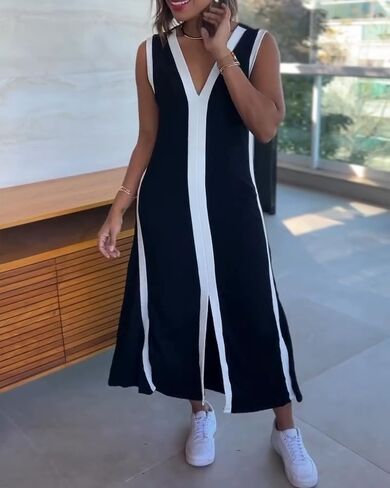 CHICME Women's Sleeveless V Neck Color Block Dress with Slit Casual Summer Midi Dresses in Saudi Arabia
