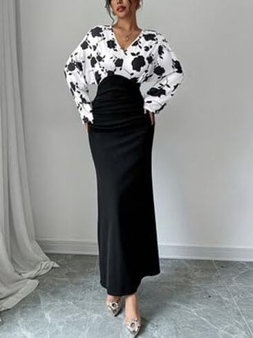 Summer Women's Boho Floral Print Long Dress Wrap V Neck Long Sleeve Ruffled Trim Elegant Dresses in Saudi Arabia
