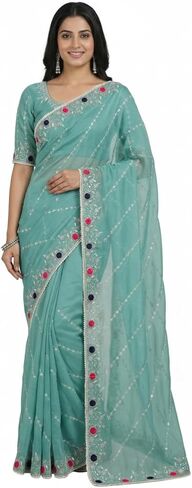 Women's Super Sonic Crush Sequence Embroidery Saree With Unstithced Blouse Piece in Kuwait