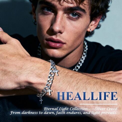 Silver Creed Cross Bracelet For Men Women, Adjustable Cuban Link Stainless Steel Chain Bracelets with Four Cross Charms, Religious Christian Gift for Boyfriend Dad and Son in Saudi Arabia