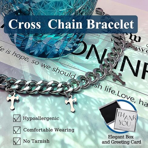 Silver Creed Cross Bracelet For Men Women, Adjustable Cuban Link Stainless Steel Chain Bracelets with Four Cross Charms, Religious Christian Gift for Boyfriend Dad and Son in Saudi Arabia