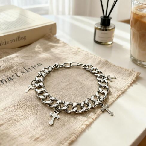 Silver Creed Cross Bracelet For Men Women, Adjustable Cuban Link Stainless Steel Chain Bracelets with Four Cross Charms, Religious Christian Gift for Boyfriend Dad and Son in Saudi Arabia