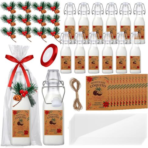 12 Sets Christmas Coquito Swing Top Glass Bottles 8.5 oz Square Flip Top Brewing Bottles with Pine Needle Stickers for Home Brewing Liqueur DIY Gifts Wedding Christmas Party Favors in Saudi Arabia