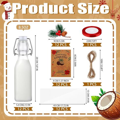 12 Sets Christmas Coquito Swing Top Glass Bottles 8.5 oz Square Flip Top Brewing Bottles with Pine Needle Stickers for Home Brewing Liqueur DIY Gifts Wedding Christmas Party Favors in Saudi Arabia