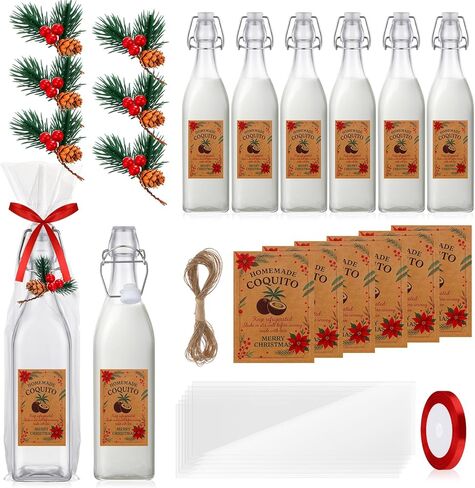 12 Sets Christmas Coquito Swing Top Glass Bottles 8.5 oz Square Flip Top Brewing Bottles with Pine Needle Stickers for Home Brewing Liqueur DIY Gifts Wedding Christmas Party Favors in Saudi Arabia
