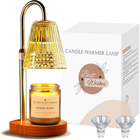 TATAANTY Candle Warmer Lamp with Timer Dimmable, Height-Adjustable Candle Warmer with 2 Bulbs, Gifts for Women, Christmas Gift, Golden Shade, Wood Base in Kuwait