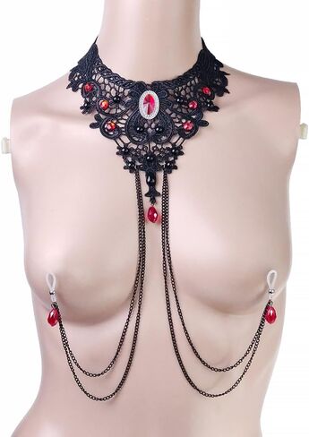 Gothic Red Crystal Lace Choker Necklace Adjustable Non-Piercing Fake Nipple Rings Nipple Noose Black Lace Body Chain Sexy Women Clothing Accessories in Saudi Arabia