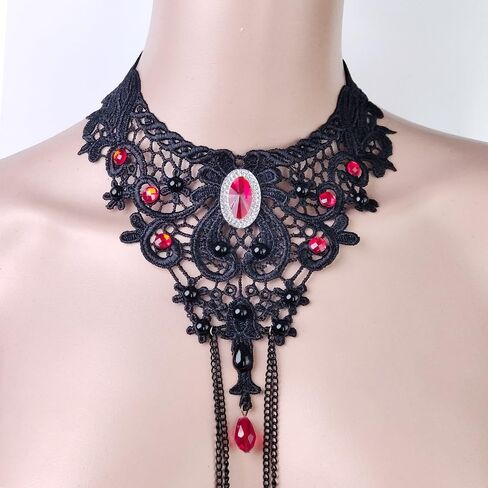 Gothic Red Crystal Lace Choker Necklace Adjustable Non-Piercing Fake Nipple Rings Nipple Noose Black Lace Body Chain Sexy Women Clothing Accessories in Saudi Arabia