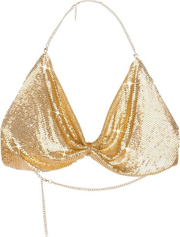 SEAUR Sexy Top for Women Metallic Sequin Halter Chain Tops Adjustable V Neck Backless Crop Tank with a pair of Sticky Bra S-L in Saudi Arabia