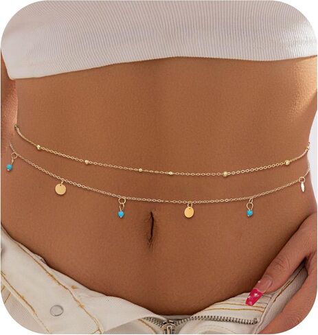 2Pcs Waist Chains Gold, 35" Adjustable Gold Belly Chain for Women Hip Beads Waist Chains Elegant 2Pcs Stackable Stomach Jewelry for Women, Suitable for Beach & Summer Outfits, Trendy in Saudi Arabia