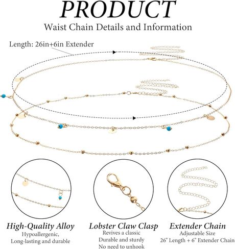 2Pcs Waist Chains Gold, 35" Adjustable Gold Belly Chain for Women Hip Beads Waist Chains Elegant 2Pcs Stackable Stomach Jewelry for Women, Suitable for Beach & Summer Outfits, Trendy in Saudi Arabia