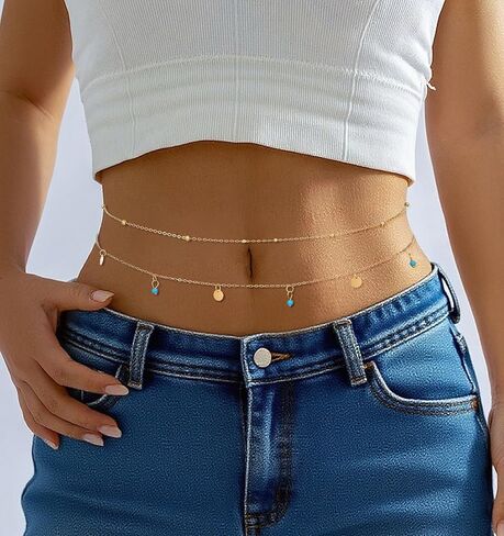 2Pcs Waist Chains Gold, 35" Adjustable Gold Belly Chain for Women Hip Beads Waist Chains Elegant 2Pcs Stackable Stomach Jewelry for Women, Suitable for Beach & Summer Outfits, Trendy in Saudi Arabia