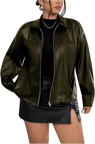 Women's Y2k Plus Size Pu Leather Zip Up Jacket Long Sleeve Baggy Motorcycle Biker Outwear Coat Streetwear in Saudi Arabia