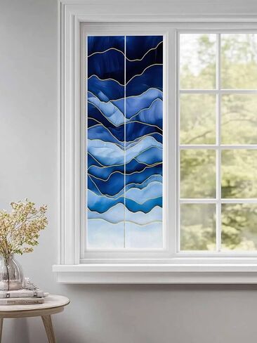 Window Privacy Film Abstract Beach Wave Static Cling Window Film for Glass Windows Removable Decorative Glass Clings for Home Bathroom Office 17.7"x39" Geometric Blue in Saudi Arabia