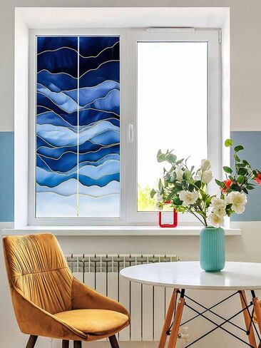Window Privacy Film Abstract Beach Wave Static Cling Window Film for Glass Windows Removable Decorative Glass Clings for Home Bathroom Office 17.7"x39" Geometric Blue in Saudi Arabia