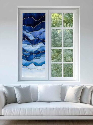 Window Privacy Film Abstract Beach Wave Static Cling Window Film for Glass Windows Removable Decorative Glass Clings for Home Bathroom Office 17.7"x39" Geometric Blue in Saudi Arabia