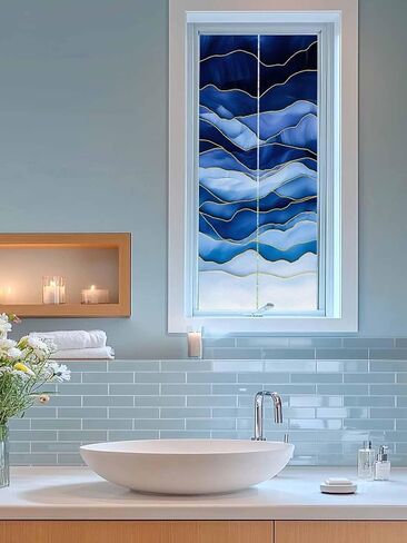 Window Privacy Film Abstract Beach Wave Static Cling Window Film for Glass Windows Removable Decorative Glass Clings for Home Bathroom Office 17.7"x39" Geometric Blue in Saudi Arabia