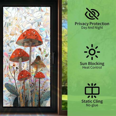 نافذة فيلم ديكور الخصوصية متجمد الزجاج تتشبث 17x39 بوصة نمط غابة الفطر الأحمر الأشعة فوق البنفسجية حجب التحكم في الحرارة لاصق ثابت للمنزل المطبخ الحمام مكتب in Kuwait