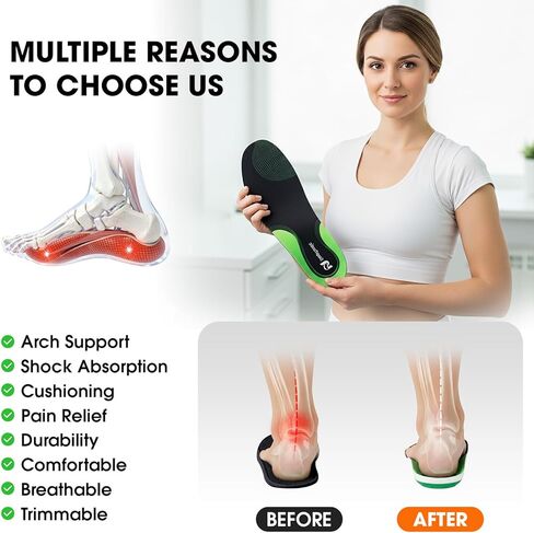 Supercritical Foam Insoles for Men Women, Arch Support Orthotics for Plantar Fasciitis Flat Feet Pain Relief, Shock Absorption Boot Inserts, Trimmable, M 9.5-10.5 W 10.5-11.5, 1 Pair in Saudi Arabia