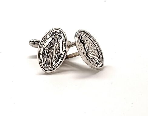 Religious Medal Cufflinks – Handmade Virgin Mary Catholic Cuff Links – Silver-Tone Religious Jewelry Gift for Men – Immaculate Conception Accessory in Saudi Arabia