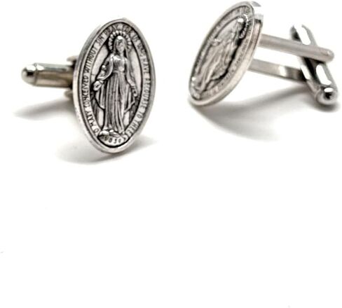 Religious Medal Cufflinks – Handmade Virgin Mary Catholic Cuff Links – Silver-Tone Religious Jewelry Gift for Men – Immaculate Conception Accessory in Saudi Arabia