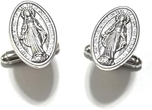 Religious Medal Cufflinks – Handmade Virgin Mary Catholic Cuff Links – Silver-Tone Religious Jewelry Gift for Men – Immaculate Conception Accessory in Saudi Arabia