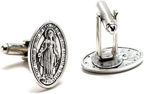 Religious Medal Cufflinks – Handmade Virgin Mary Catholic Cuff Links – Silver-Tone Religious Jewelry Gift for Men – Immaculate Conception Accessory in Saudi Arabia