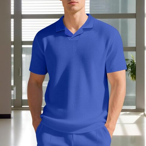 Mens Casual Waffle Short Sleeve Polo Shirts Classic Polo Shirt Golf Shirt Fashion T-Shirt in Saudi Arabia