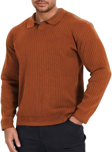 Mens Long Sleeve Knit Polo Shirt Lightweight Ribbed Polos Sweater Fall Winter Thermal Pullover Shirts with Collar in Kuwait