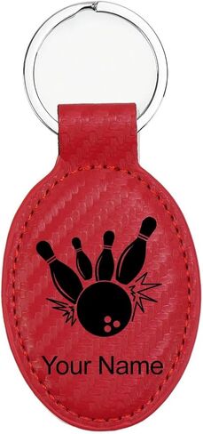 LaserGram Oval Keychain, Bowling Ball and Pins, Personalized Engraving Included in Kuwait