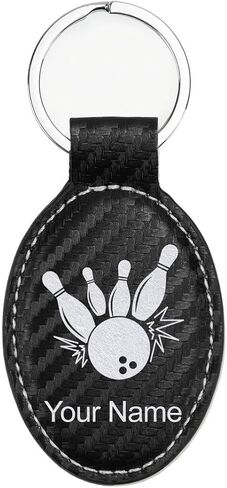 LaserGram Oval Keychain, Bowling Ball and Pins, Personalized Engraving Included in Saudi Arabia