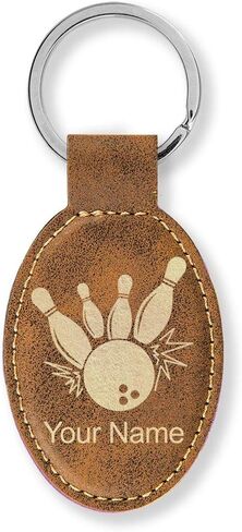 LaserGram Oval Keychain, Bowling Ball and Pins, Personalized Engraving Included in Saudi Arabia