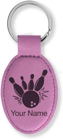 LaserGram Oval Keychain, Bowling Ball and Pins, Personalized Engraving Included in Saudi Arabia