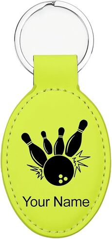 LaserGram Oval Keychain, Bowling Ball and Pins, Personalized Engraving Included in Saudi Arabia