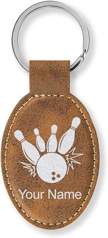 LaserGram Oval Keychain, Bowling Ball and Pins, Personalized Engraving Included in Saudi Arabia