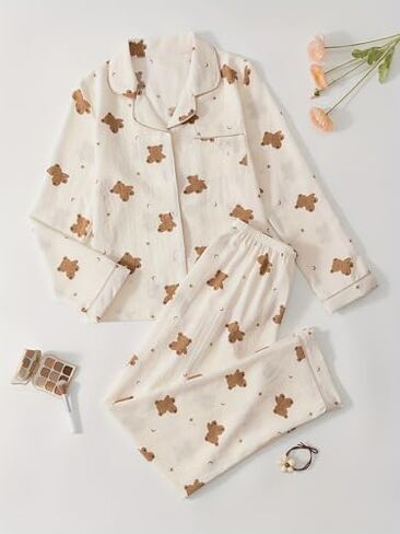 Women's Pajamas Set Soft Comfortable Sleepwear Bear Print Nightwear Long Sleeves in Saudi Arabia