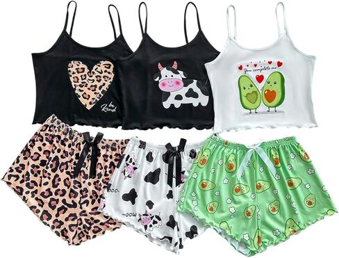 Milumia Women's 3 Pack Pajama Sets Cute Printed Cami Crop Top and Bow Shorts Pj Set Sleepwear in Saudi Arabia