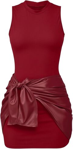 فستان جلدي نسائي من MakeMeChic بدون أكمام، فساتين Bodycon صغيرة بدون أكمام مع تنانير مكشكشة برباط ملفوف in Kuwait