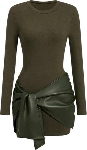 Womens Dress Solid Crew Neck Long Sleeve Faux Leather Paneled Ruched Ruffles Slim Fit Traditional Chinese Style Dress in Saudi Arabia