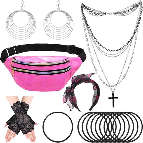 15 Pcs 80s Accessories for Women Fancy Costume Set Bow Headband Gloves Earrings Necklace Bracelet Fanny Pack Party in Kuwait